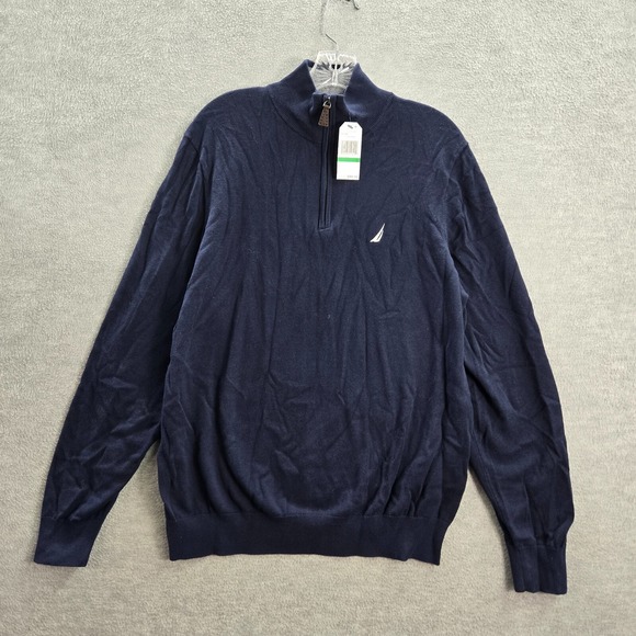 Nautica Men Sweater Large Blue 1/4 Zip Logo Mock Neck Long Sleeve Pullover NWT - Picture 1 of 12